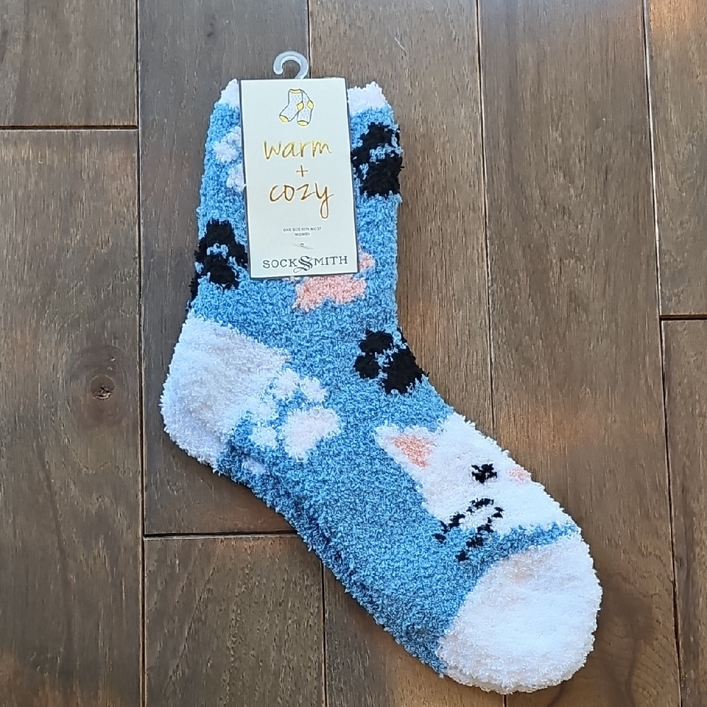 Sock Smith Warm + Cozy Blue Fuzzy Cat Socks, Women's Size 9-11, NWT